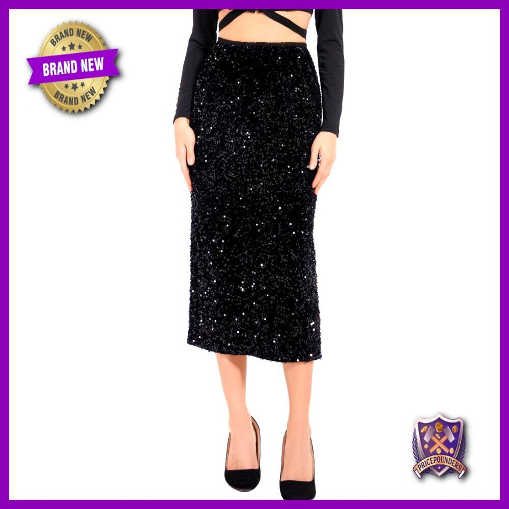 Sequin Velvet Maxi Skirt High Waist Split Hem Party Night Out